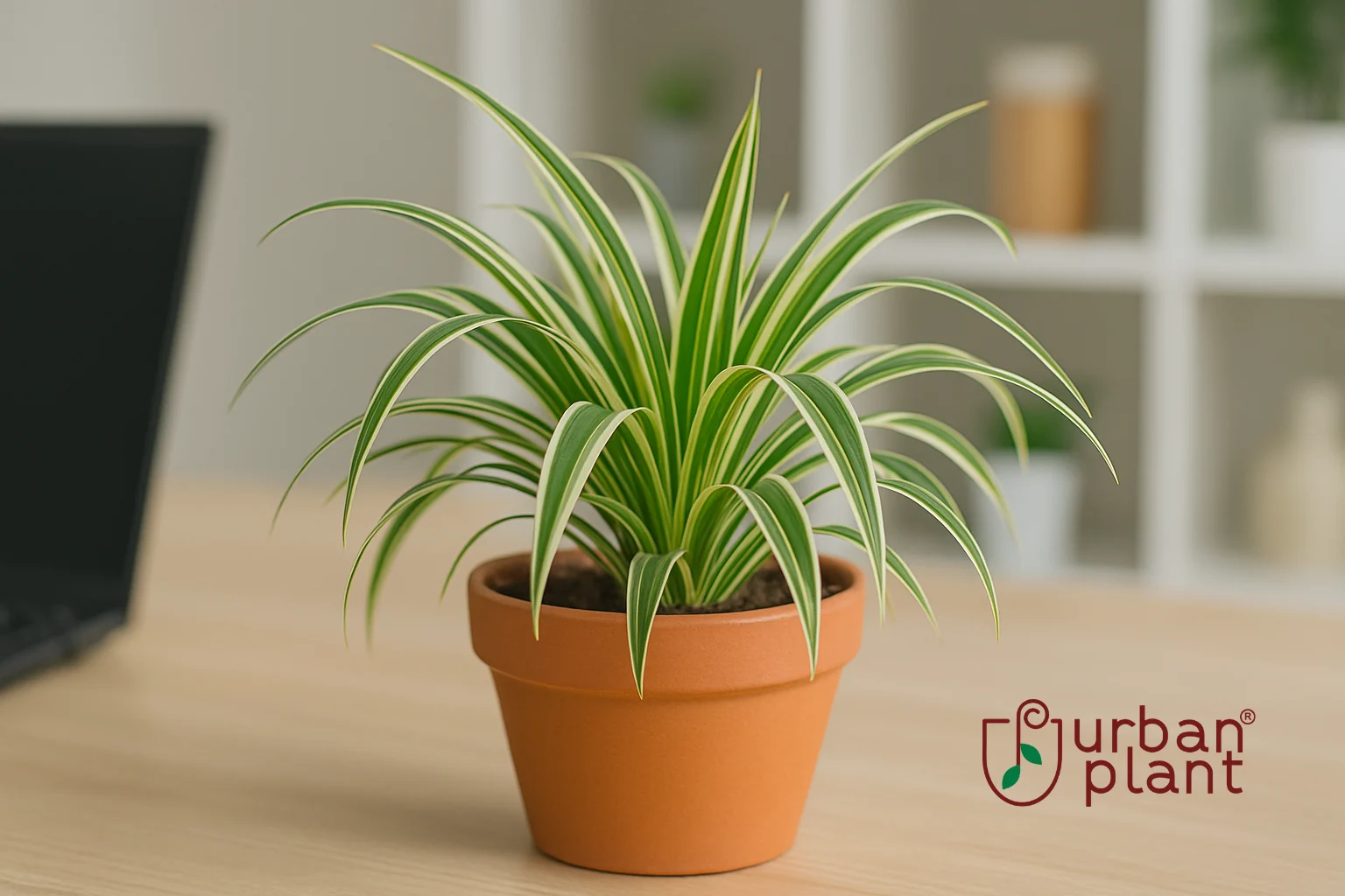 Spider Plant (Chlorophytum comosum) – fountain of greenery office desk plant with arching striped leaves in terracotta pot on workspace desk – Urban Plan